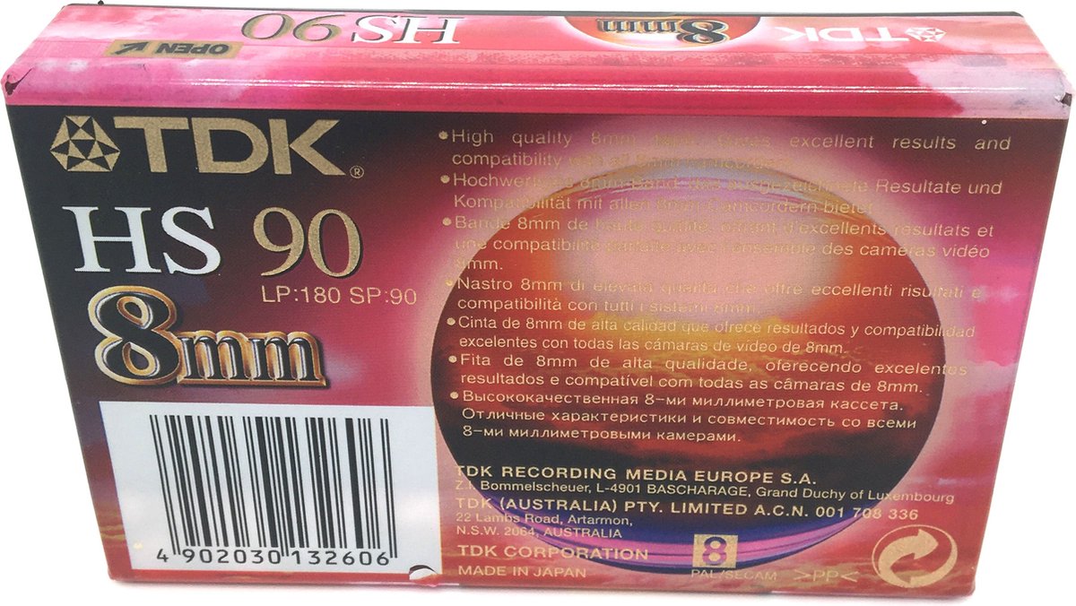 Cassette vidéo TDK 8 mm en Métal HS90/ Tape pour caméscope vidéo.
