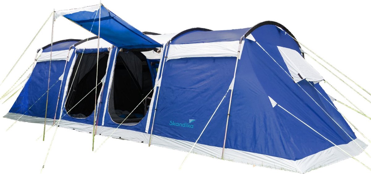 Skandika Montana 8 Sleeper Protect Tent – Tunneltenten – 8 persoons familietent - Campingtent – Sleeper technology (extra donkere slaapcabines) - Ingenaaide tentvloer - Muggengaas – 3-4 slaapcabines – 700 x 310 x 200 cm (LxBxH) – Kamperen – blauw/wit