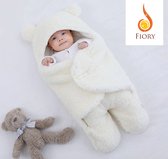 Fiory Baby Wikkeldoek Teddybeer| Inbakerdoek| Slaapzak| zachte vacht| Kinderwagen| Muts en Oortjes| Eerste baby maanden| Wit