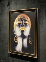 Schilderij 3D 'African Woman Gold' op doek 80x110 - Houten lijst met spiegel bewerking, reliëf effect, handgemaakte effecten