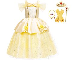 foto van Joya Kids® Belle Verkleedjurk | Prinsessen Jurk | Belle & het Beest verkleedkleding |+ kroon, Staf, Handschoenen, Ketting, Ring & Oorbellen | Cadeau