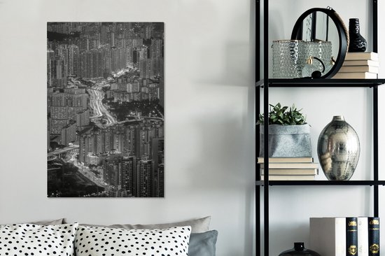 Peinture sur toile Hong Kong le soir - noir et blanc - 60x90 cm - Décoration murale