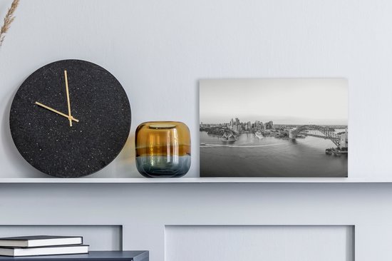 Tableau sur toile Australie à vol d'oiseau avec un lever de soleil à Sydney - noir et blanc - 30x20 cm - Décoration murale
