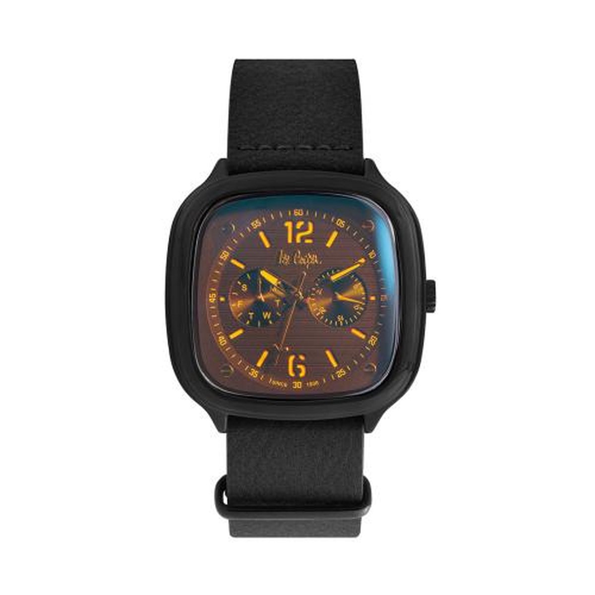 Lee Cooper LC06974.651 - Horloge - Analoog - Mannen - Heren - leren band - Vierkant - Zwart - Oranje