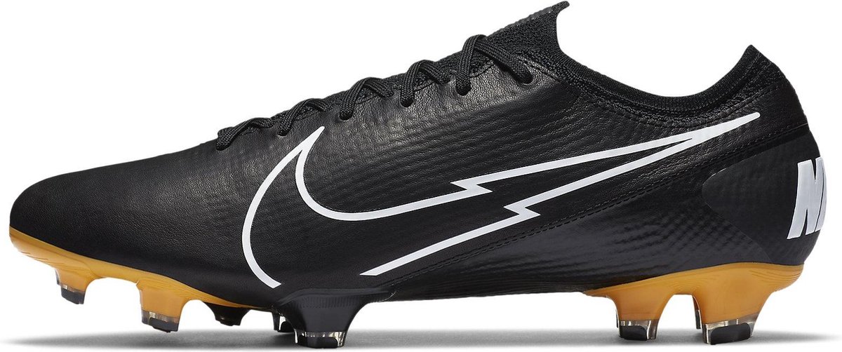 Zwarte Nike Mercurial Vapor Elite TECH Edition FG voetbalschoenen, maat 47.5, met gele noppen en witte logos.