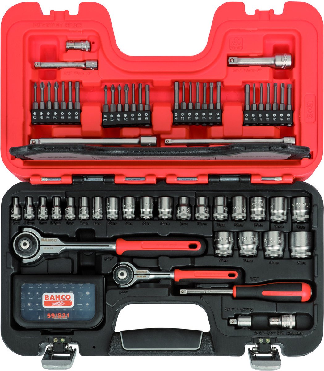 BAHCO SW91 | 91-DELIG DOPSLEUTELSET 1/4" - 3/8" | MET SCHARNIERENDE RATELKOP