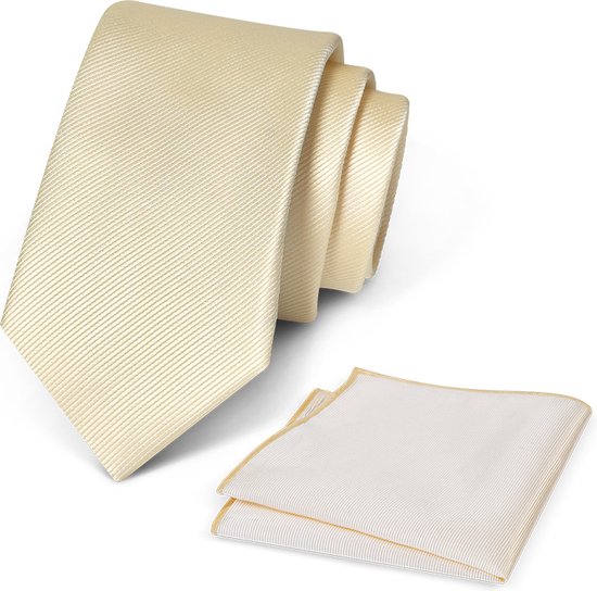Premium Ties - Luxe Stropdas Heren + Pochet - Set - Polyester - Crème - Incl. Luxe Gift Box!