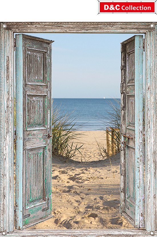 D&C Collection - tuindoek - 65x90 cm - doorkijk deuren duinovergang Hollands strand - tuindecoratie - schuttingposter - tuinposter