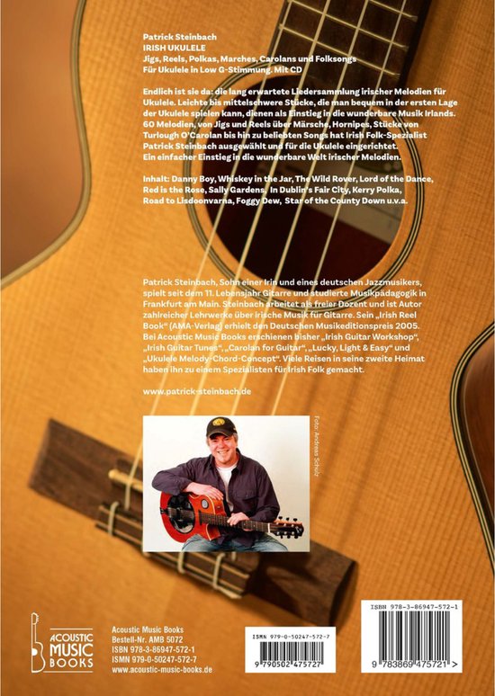 Boekomslag met een man die een ukelele vasthoudt. Tekst: "Patrick Steinbach IRISH UKULELE".