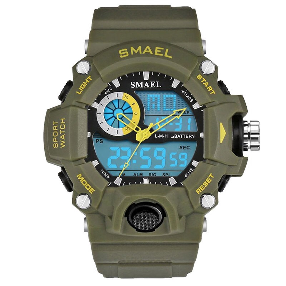 Shock Bestendig Heren Horloge Leger Groen met rubber band | Smael | 1385 | Waterdicht | Glow in dark | Mud Master | Leger | Licht | Rubberen band | Timer | Army | Eyecatcher | Master| Vaderdag Cadeau | Vaderdag | kado|