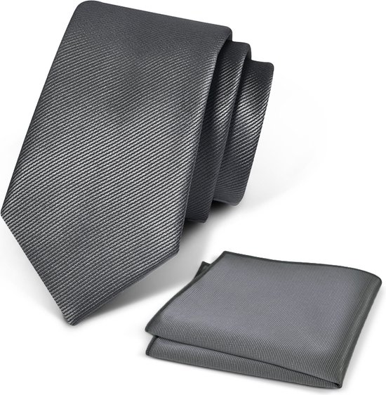 Premium Ties - Luxe Stropdas Heren + Pochet - Set - Polyester - Grijs - Incl. Luxe Gift Box!