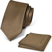 Premium Ties - Luxe Stropdas Heren + Pochet - Set - Polyester - Bruin - Incl. Luxe Gift Box!