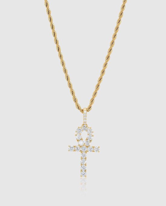 18K Religieus Diamanten Heren Ketting met Egyptisch Kruis Verguld Goud [GOLD-PLATED] [ICED OUT] [50CM] - 3mm Rope Chain Iced Out Egypt Ankh Cross Pendant