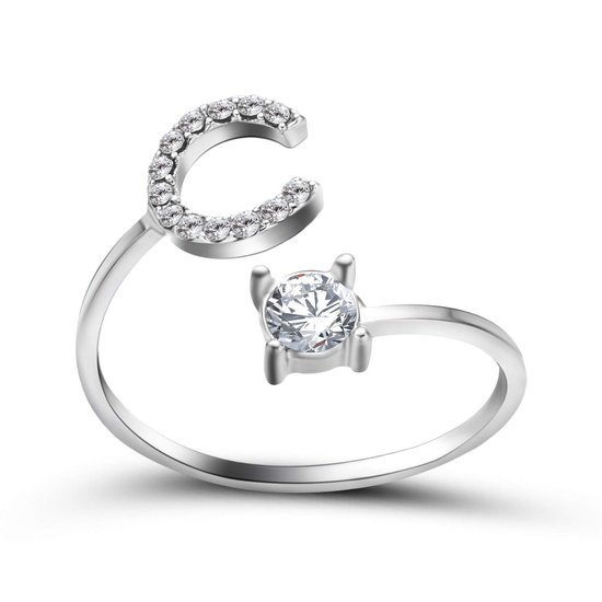 Ring met letter C - Ring met steen - Aanschuifring - Zilver kleurig - Ring Zilver dames - Cadeau voor vriendin - Vrouw - Sieraad meisje - Mooie ring tieners - Alfabet ring C - Ring met initiaal