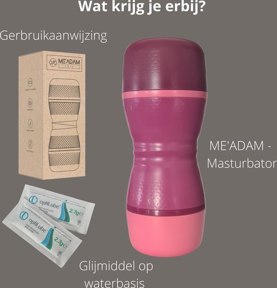 Verpakking van ME'ADAM Masturbator met gebruiksaanwijzing en twee zakjes glijmiddel op waterbasis.