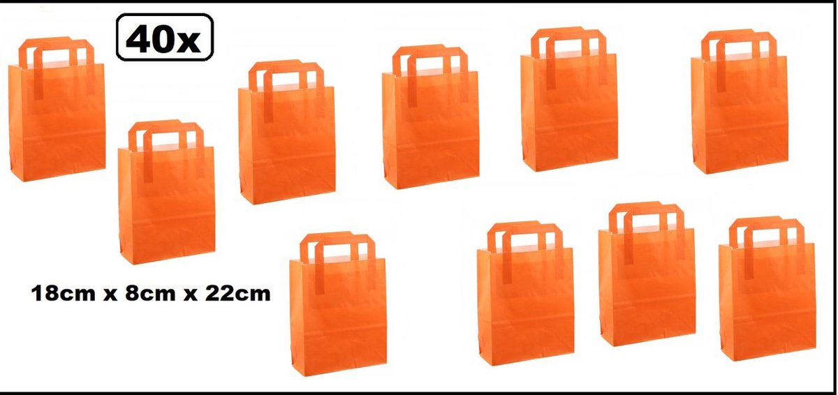 40x Tas platte handgreep papier oranje 18cmx8cmx22cm - goodiebag|papieren|draagtas|tas|koord|festival|kado|themafeest|party|geschenken