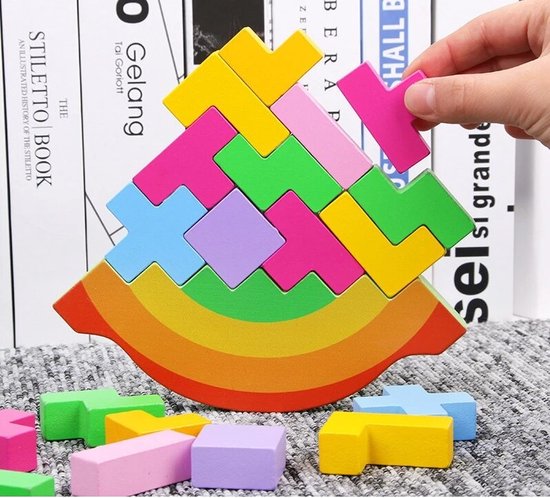 Montessori Tetris Balanceer Puzzel Groot 18cm - Educatief Speelgoed voor Balans - Tangram Tetris Stapelspeelgoed - Motoriek en Cognitief Spel - Stapel Speelgoed Blokken - WoodyDoody
