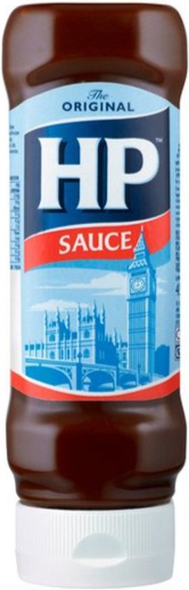 HP Original bruine saus in knijpfles met een afbeelding van het Britse parlement en Big Ben.