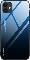 gradiënt hoesje met achterkant van gehard glas geschikt voor iPhone 12 mini zwart-blauw