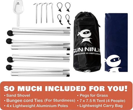 SUN NINJA Pop Up Beach Tent Sun Shelter UPF50+ met zandschep, grondharingen en stabiliteitstokken, buiten schaduw voor kampeerreizen, vissen, achtertuin plezier of picknicken van SUN NINJA — afbeelding 2