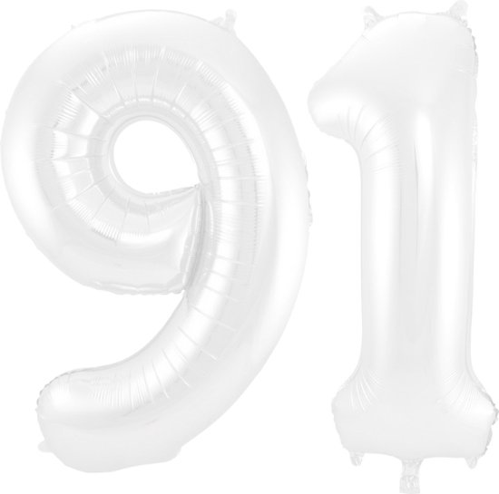 Folieballon 91 jaar metallic wit 86cm