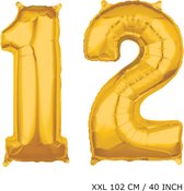 Mega grote XXL gouden folie ballon cijfer 12 jaar.  leeftijd verjaardag 12 jaar. 102 cm 40 inch. Met rietje om ballonnen mee op te blazen.