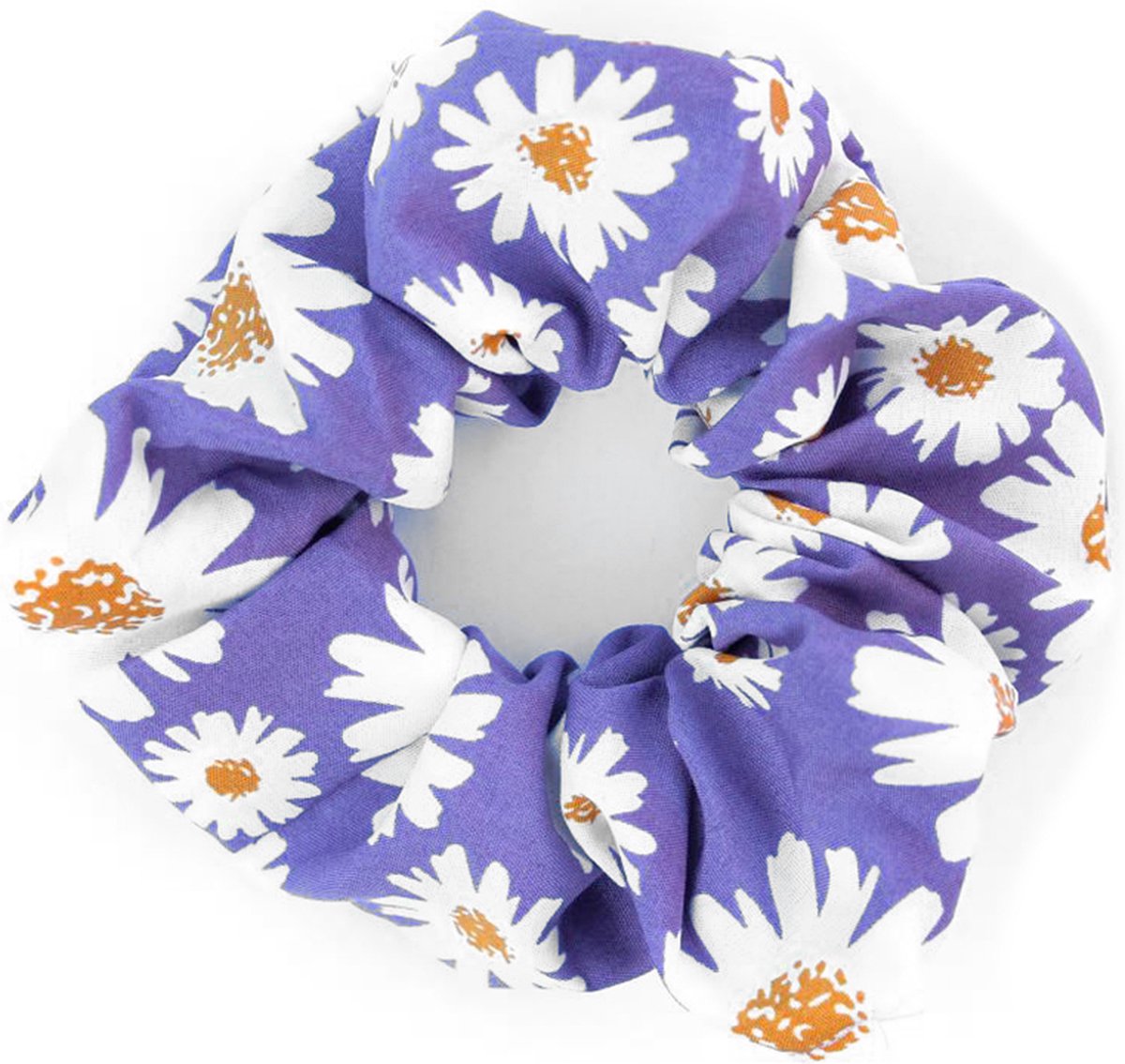 STUDIO Ivana - Scrunchie madeliefje paars met witte bloem - Haarelastiek van textiel met print - paarse haarwokkel met bloemetjes
