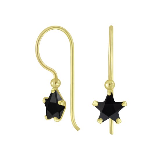 Joy|S - Zilveren classic ster oorbellen - zirkonia zwart - oorhangers - 14k goudplating