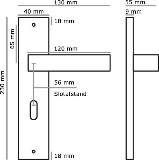 Deurbeslagset model Eliot baardsleutel incl. insteekslot met 2 sleutels - slotafstand 56mm - mat zwart - rechthoekig model