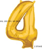 Mega grote XXL gouden folie ballon cijfer 4 jaar.  leeftijd verjaardag 4. 102 cm 40 inch. Met rietje om op te blazen. 2 stuks