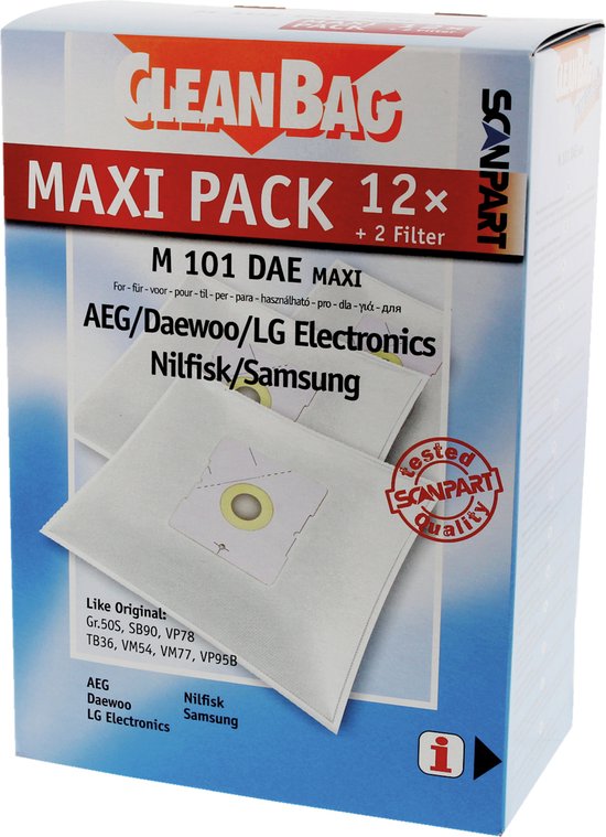 CleanBag stofzuigerzakken 12 stuks - Geschikt voor AEG Deawoo LG Nilfisk Samsung - Type Gr 50 SB90 VP78 TB36 VM54 VM77 VP95B - Inclusief 2 filters - Alternatief - Maxipack - Voordeelpak