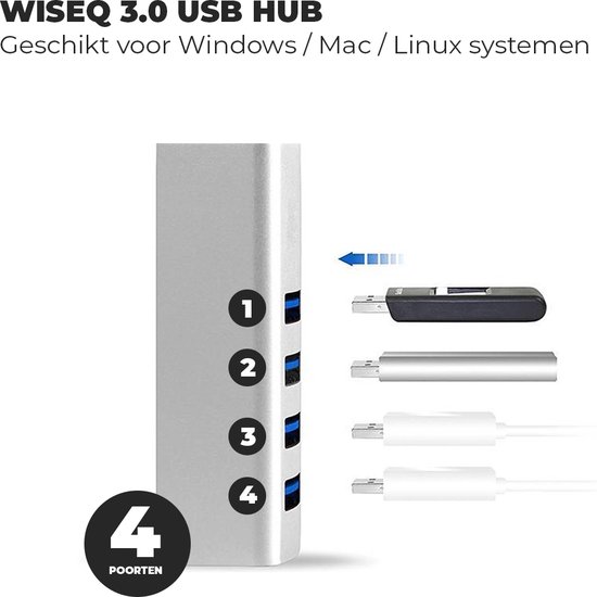 USB Hub 3.0 Hub met 4 Aansluitingen - Hoge Snelheid 5Gbps - Grijs - WiseQ - WISEQ