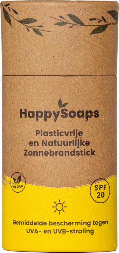 HappySoaps Zonnebrandstick SPF 20 - Gemiddelde UVA en UVB Bescherming - Geschikt Voor Kinderen - met Mineraalfilters - 100% Plasticvrij, Vegan & Natuurlijk  - 50gr