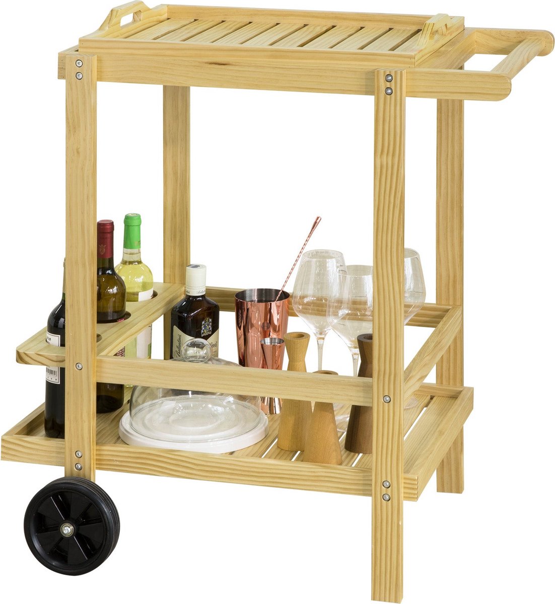 Mara Rollende Serveerwagen - Roltafel - Keukenwagen - Flessenhouder - Hout - 76 x 53 x 85 cm