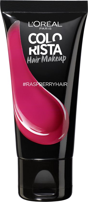 Zwarte tube L'Oréal Paris COLORISTA Hair Makeup met frambozenrode gel.