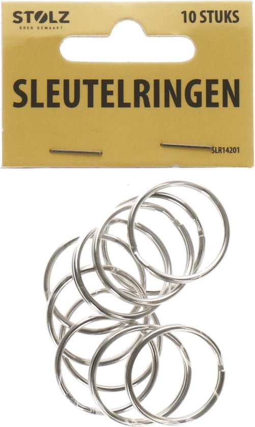 Verpakking met 10 zilverkleurige metalen sleutelringen, "STOLZ" en "10 STUKS" op de verpakking.