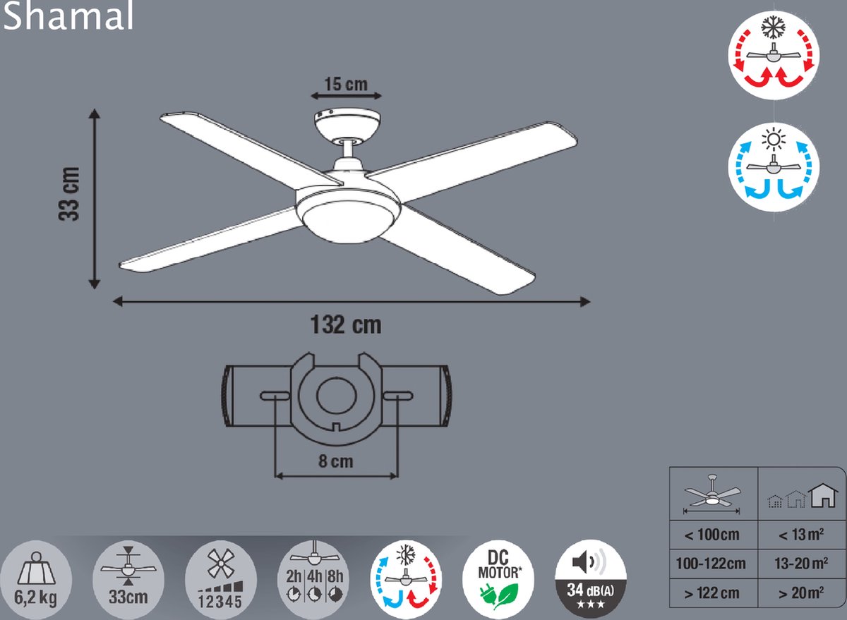 INSPIRE - Ventilateur de plafond SHAMAL - 4 pales - LED 2600LM - Acier &  bois - Wit -... | bol.com