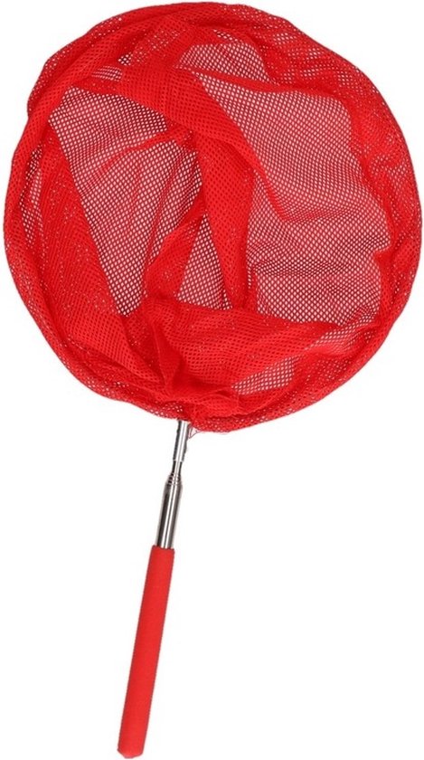 Rood schepnet met uitschuifbare steel en rood handvat, op een witte achtergrond.