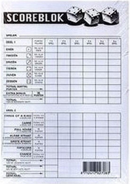 Scoreblok met dobbelstenen erop. Blanco wit papier met zwarte lijnen en tekst.