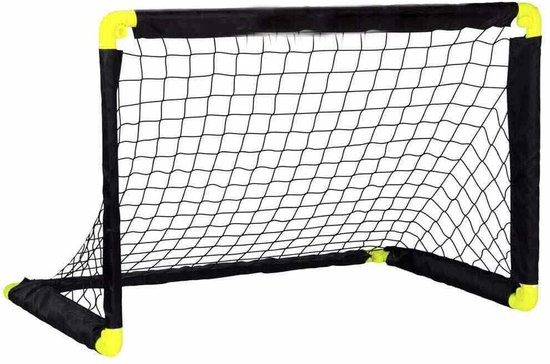 Zwarte voetbalgoal met fluorescerend gele accenten op de hoeken.
