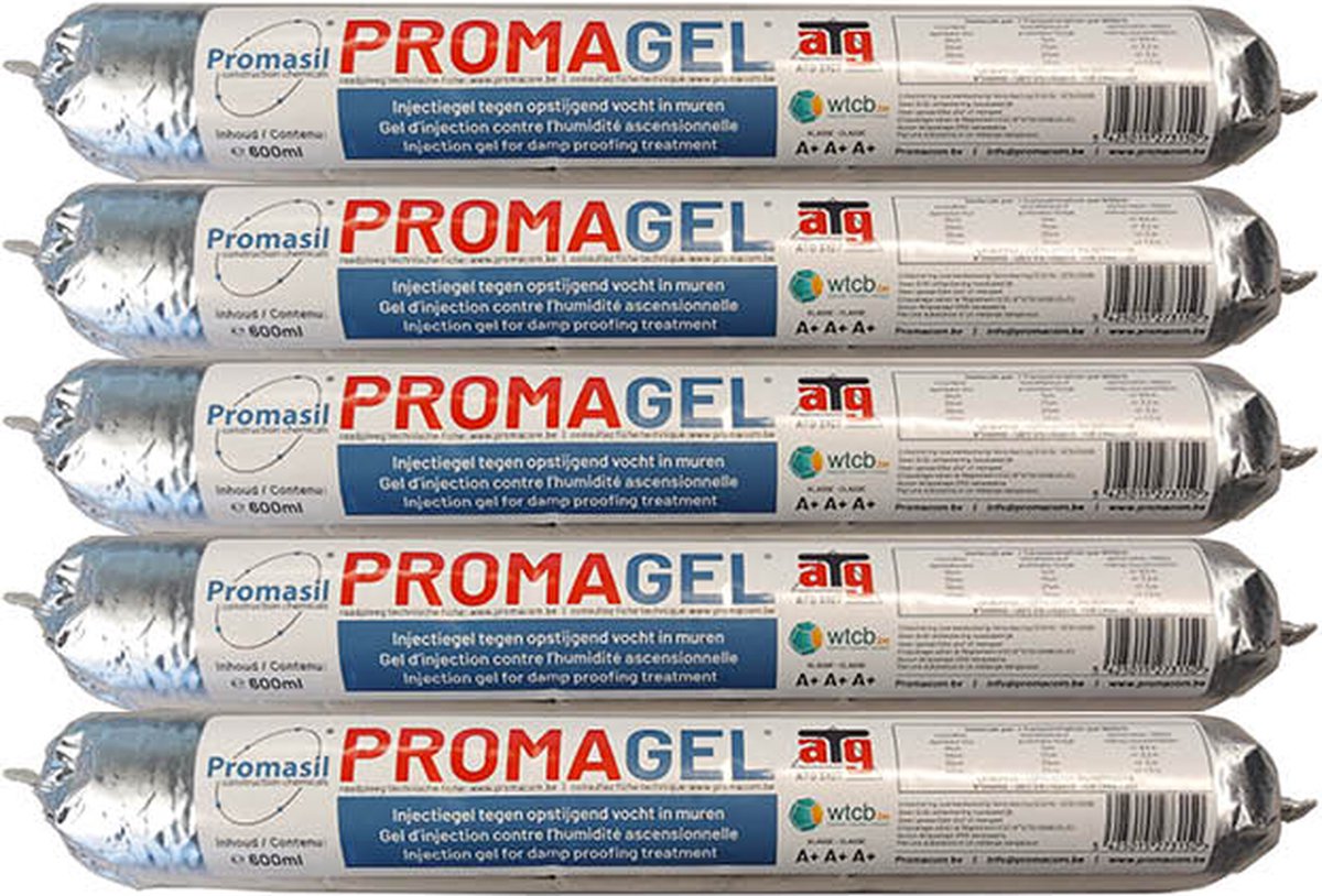 Promasil PromaGel - Injectiegel Opstijgend vocht - ATG nr 3107 (kwaliteitscertificaat) - WTCB A+A+A+ (hoogste kwaliteit) - worst 600ml - 5 stuks - Promasil