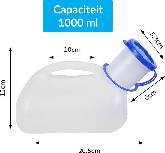 Witte urinefles van 1000 ml met blauwe dop en trechter. Afmetingen in cm.