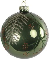 kerstbal Robin 10 cm glas groen/zilver