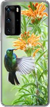 Geschikt voor Huawei P40 Pro hoesje - Close-up van een kleurrijke vogel naast planten met oranje bloemen - Siliconen Telefoonhoesje