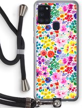 Case Company® - Samsung Galaxy A21s hoesje met Koord - Little Flowers - Telefoonhoesje met Zwart Koord - Bescherming aan alle Kanten en Over de Schermrand