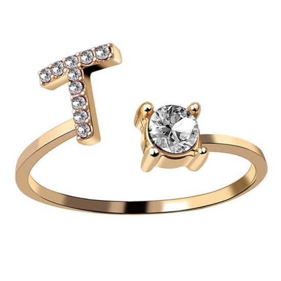 Ring Met Letter - Ring Met Steen - Letter Ring - Ring Letter - Initial Ring - (Zilver) Gold-Plated Letter T - Cadeautje voor haar