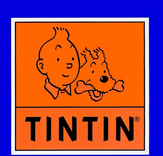Logo met Kuifje en Bobbie op oranje achtergrond, met de tekst TINTIN.