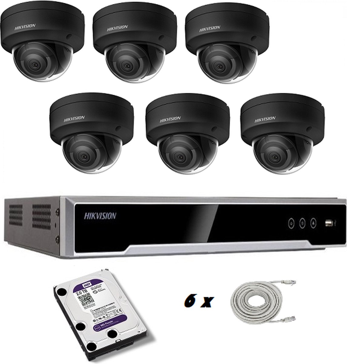 Set met 6 zwarte Hikvision DS-2CD2186G2-I 2.8mm 8mp camera’s, Hikvision recorder en Western Digital harde schijf
