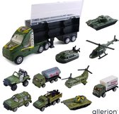 Allerion Leger Auto Speelgoedset - 15 delig – Inclusief Opbergkoffer – Met Legervoertuigen en Attributen
