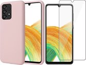 Hoesje geschikt voor Samsung Galaxy A33 - Matte Back Cover Microvezel Siliconen Case Hoes Roze - Tempered Glass Screenprotector